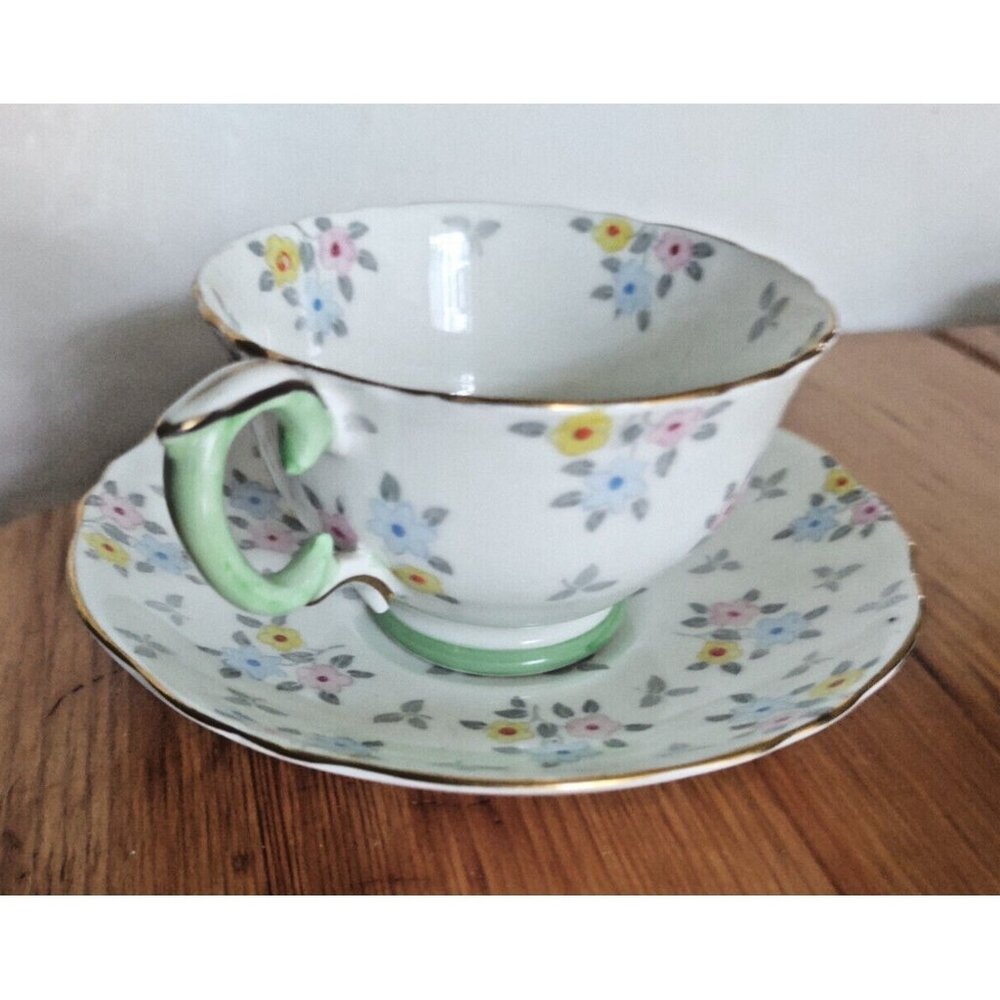 Vintage Staffordshire Bone China Hand Painted Floral Teacup & Saucer #15476